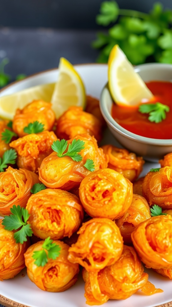 Golden crispy Cabbage 65 served with lemon wedges and dipping sauce, garnished with coriander.